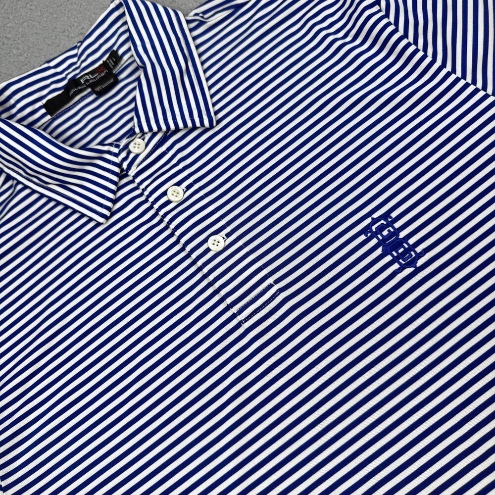 RLX Ralph Lauren Polo Shirt Mens Large Blue White Striped Golf Performance Tech